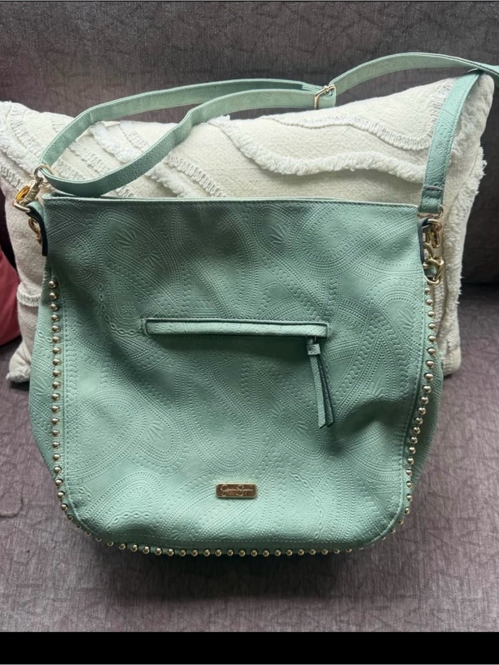 Jessica Simpson Mint Green Paisley-Embossed Shoulder Bag with Gold Studs